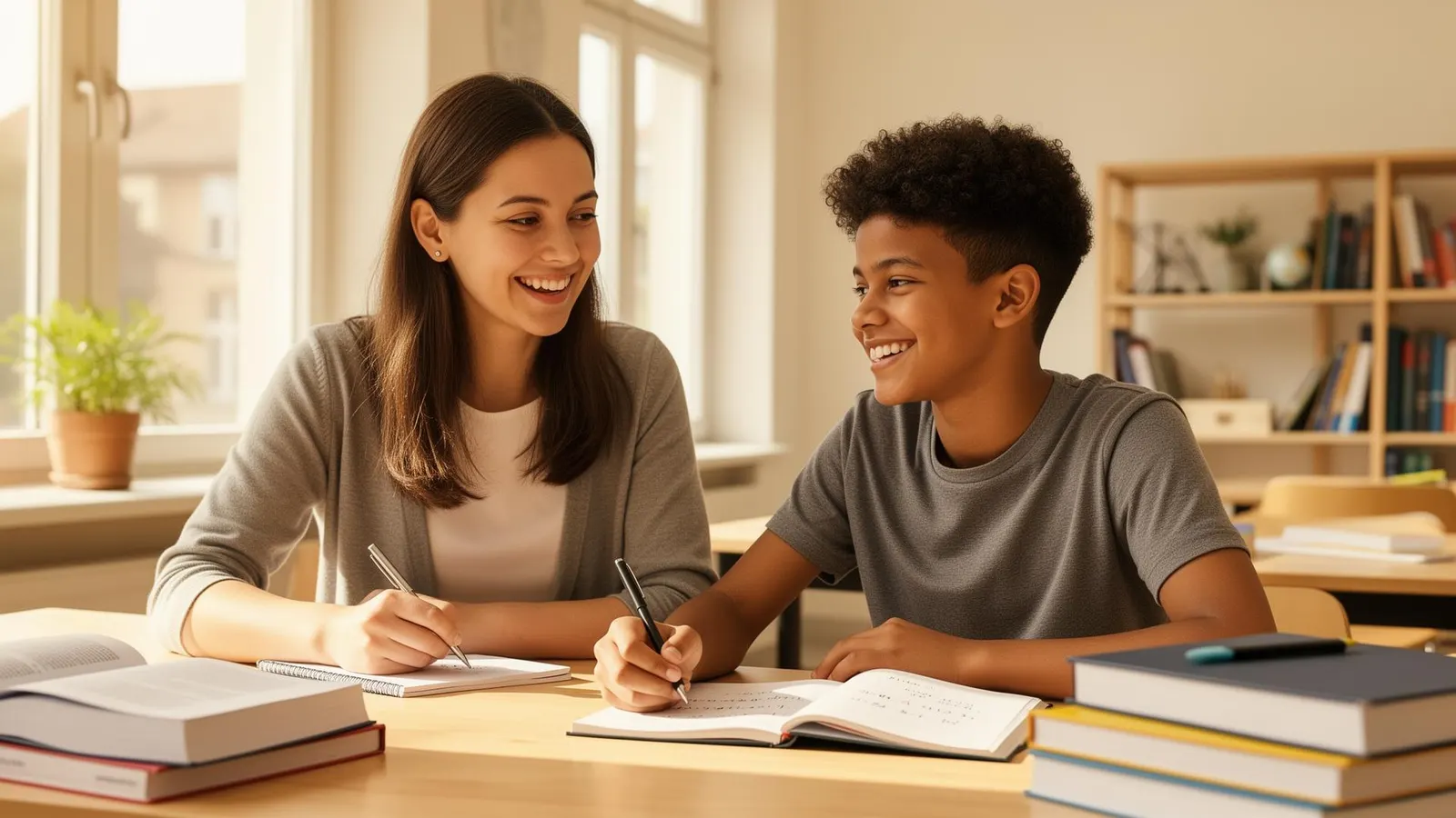 Nachhilfelehrerin unterstützt einen Schüler bei den Hausaufgaben
